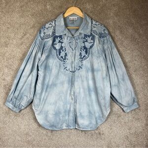 Together Vintage Shirt Womens Large Blue Chambray Button Embroidered- 3927
